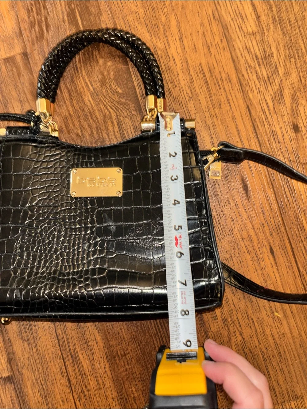 bebe Black Croc-Embossed Satchel with Gold Accents